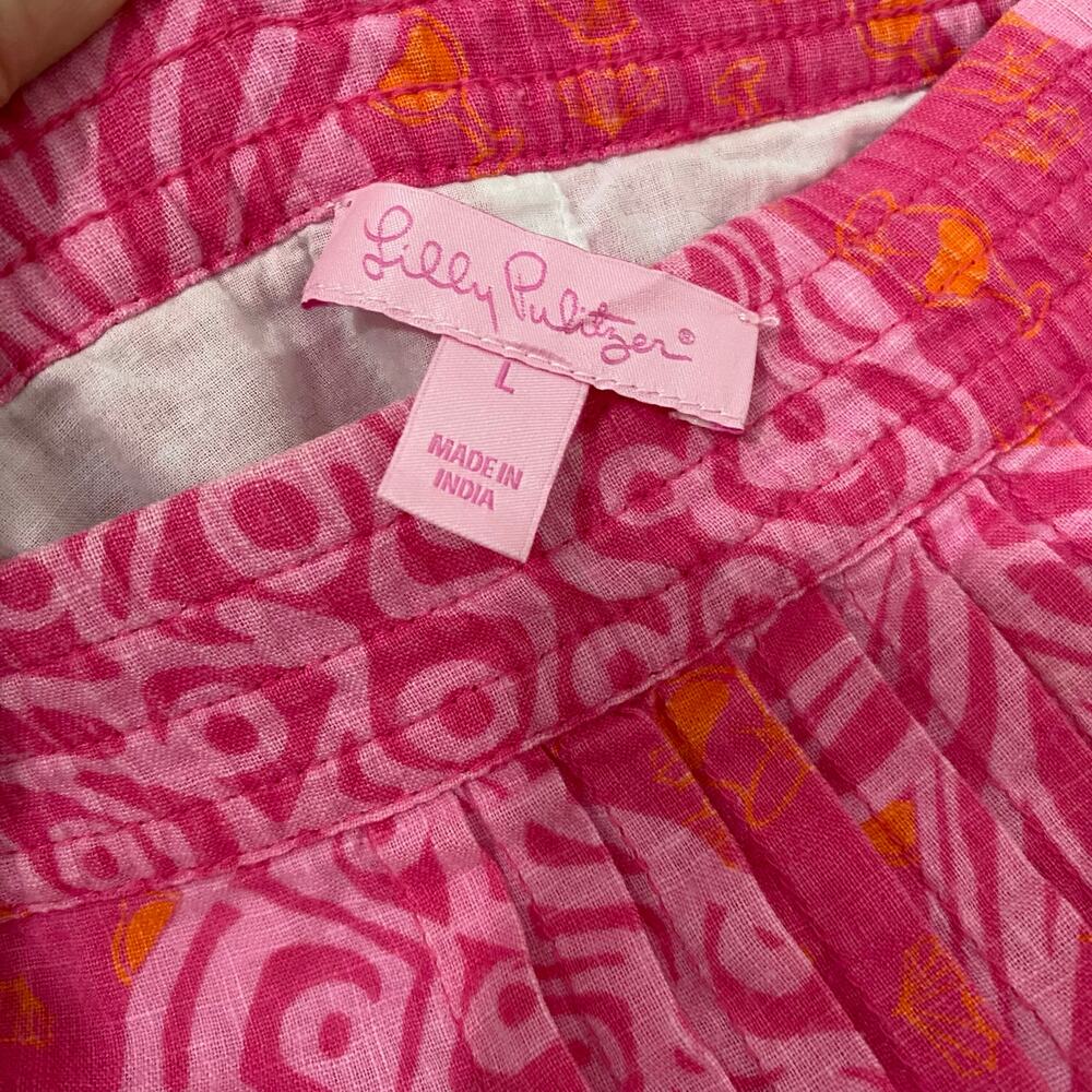 Lilly Pulitzer Largo Daiquiri Skirt L Pink Pineapple Print Linen Ruffle Pockets - Picture 4 of 11